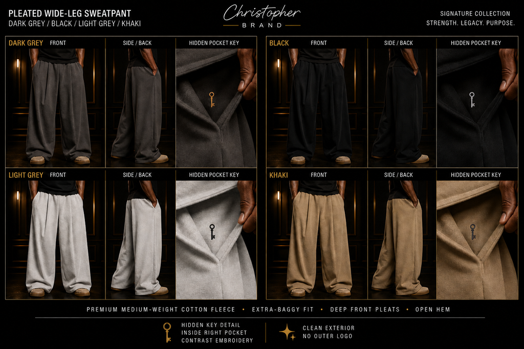 Christopher pleated wide-leg sweatpants technical lookbook in dark grey, black, light grey, and khaki